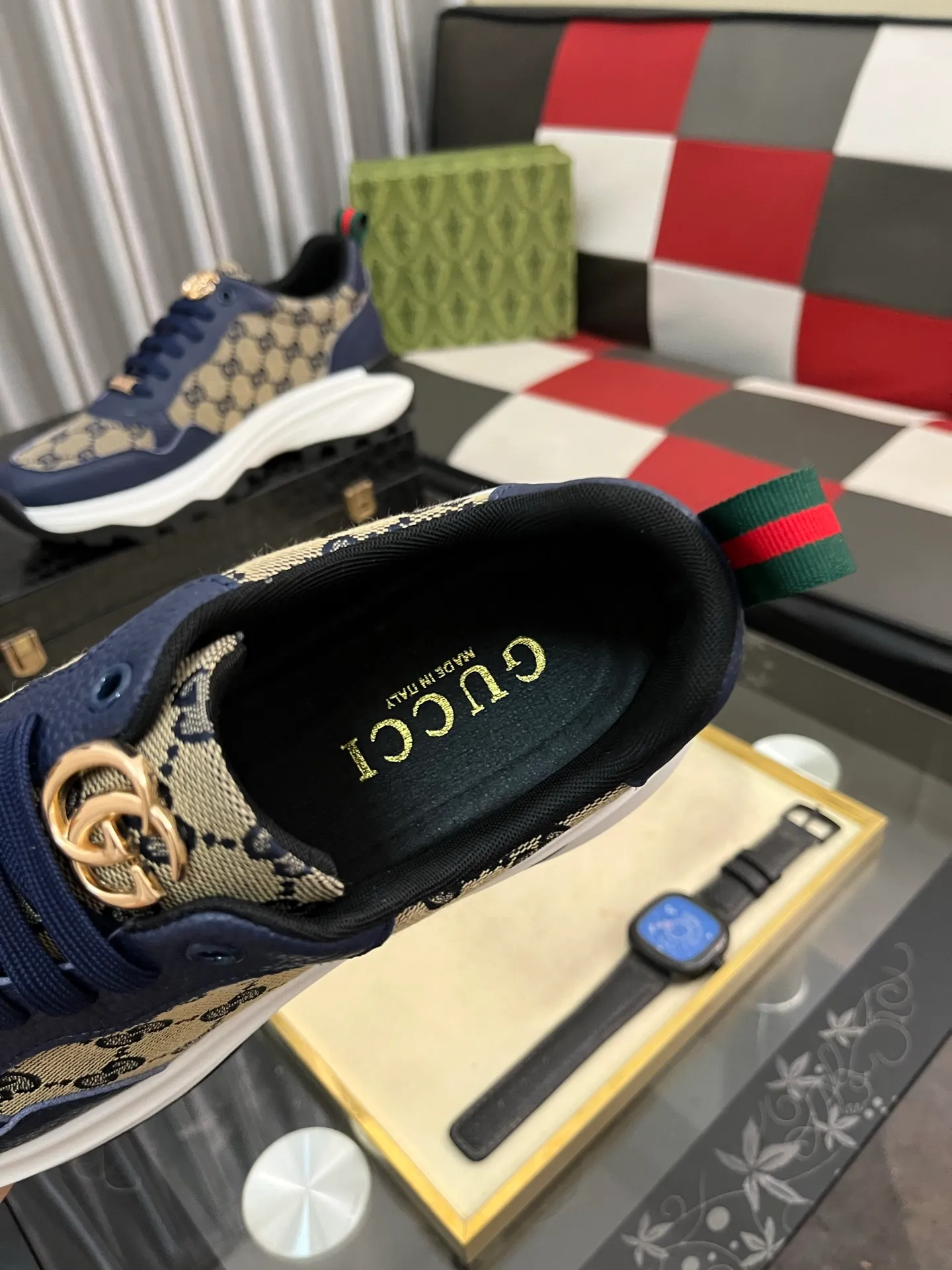 Men's shoes 💰458⌚️⌚️ Gucci •Gucci original quality. ~ Unique modern style sneakers. 🏃A must-have casual shoe for trendy men😍😍 Original brand imported from Italy, imported original leather, sheep lining (refuses to discolor and grind feet) Sole: Original sole provided by the original factory, French lazy style design ⚠️Fit to the feet, original quality attached, super comfortable original sole, code number: 38-444️⃣Colors available